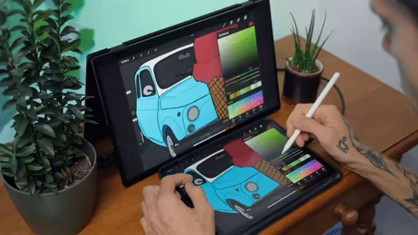 Dual-screen folding monitor enlarging details for painting and coloring